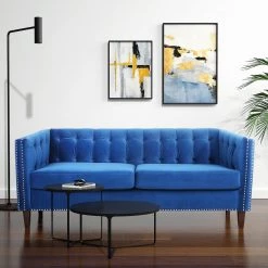 77.5 in. W Flared Arm Velvet Straight Three Seater Sofa with Reversible Cushion in Blue by GODEER