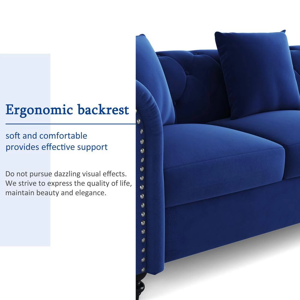 80 in. W Rolled Arms Velvet Straight 3-Seater Sofa with Nailhead Decoration, 3 Pillows included in Blue by GODEER - Image 9