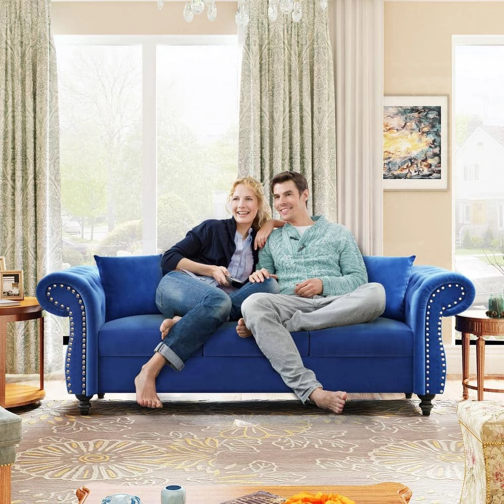 80 in. W Rolled Arms Velvet Straight 3-Seater Sofa with Nailhead Decoration, 3 Pillows included in Blue by GODEER - Image 13
