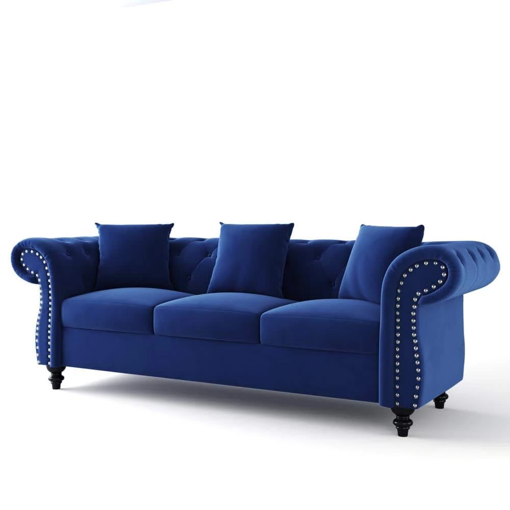 80 in. W Rolled Arms Velvet Straight 3-Seater Sofa with Nailhead Decoration, 3 Pillows included in Blue by GODEER - Image 3