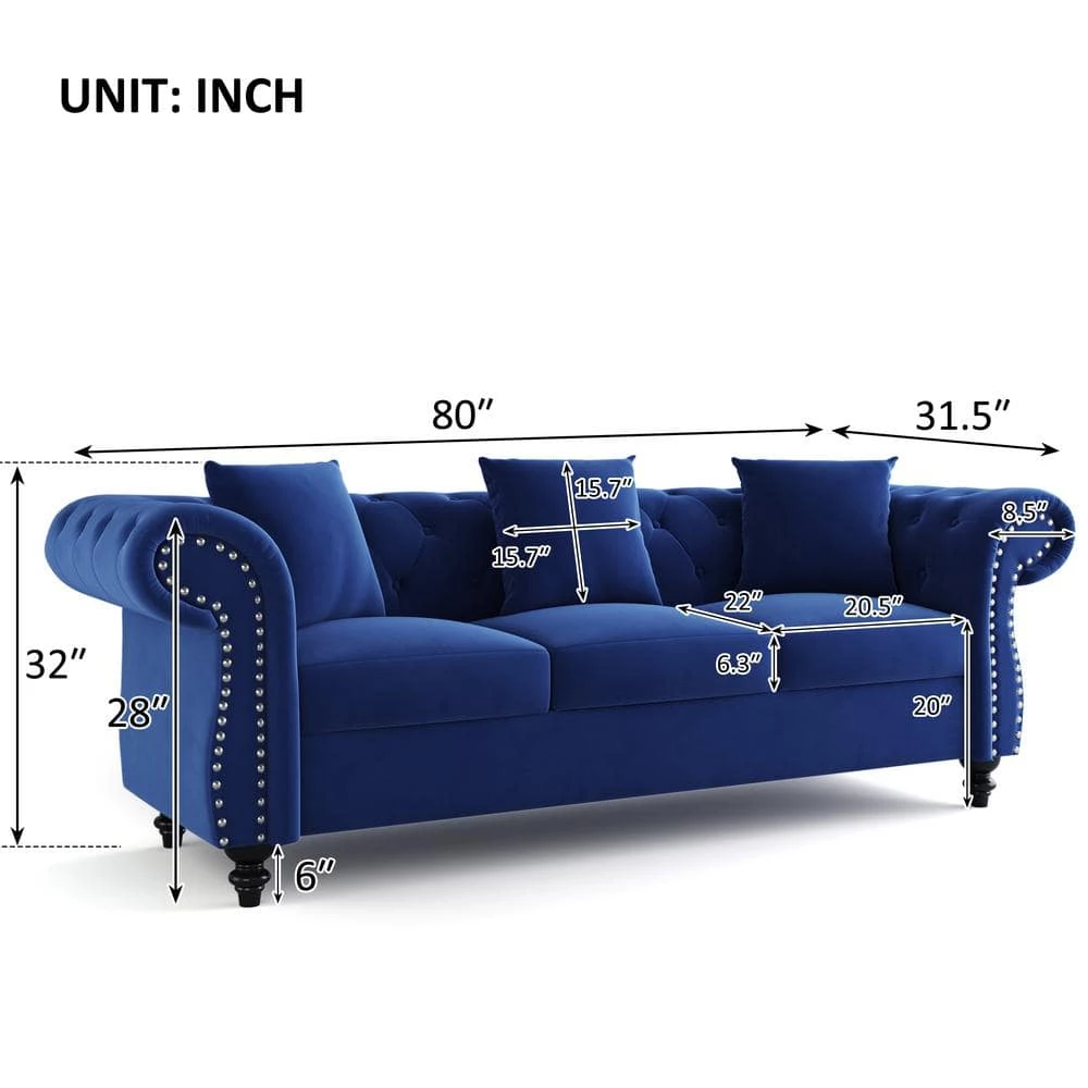 80 in. W Rolled Arms Velvet Straight 3-Seater Sofa with Nailhead Decoration, 3 Pillows included in Blue by GODEER - Image 5