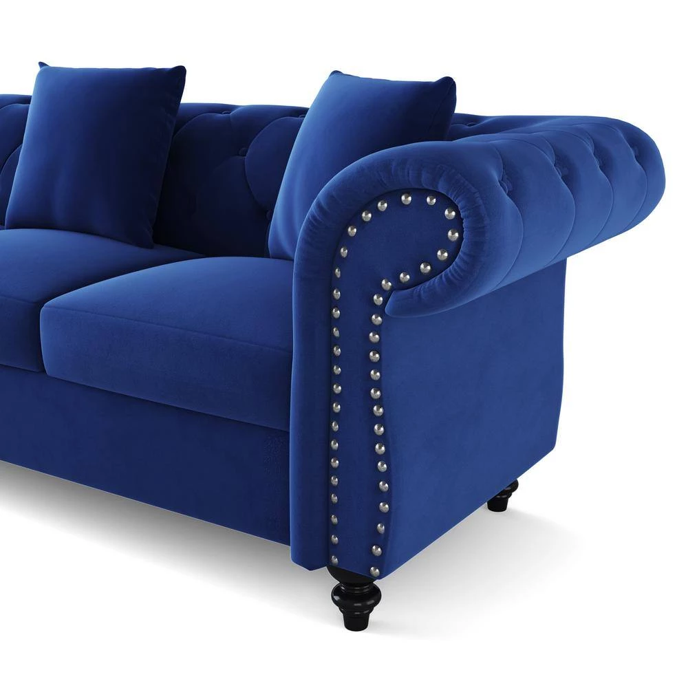80 in. W Rolled Arms Velvet Straight 3-Seater Sofa with Nailhead Decoration, 3 Pillows included in Blue by GODEER - Image 12
