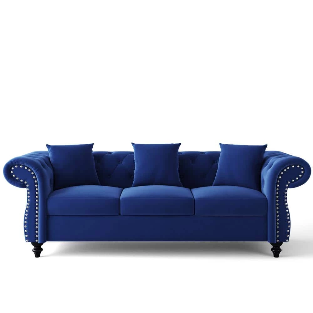 80 in. W Rolled Arms Velvet Straight 3-Seater Sofa with Nailhead Decoration, 3 Pillows included in Blue by GODEER - Image 6