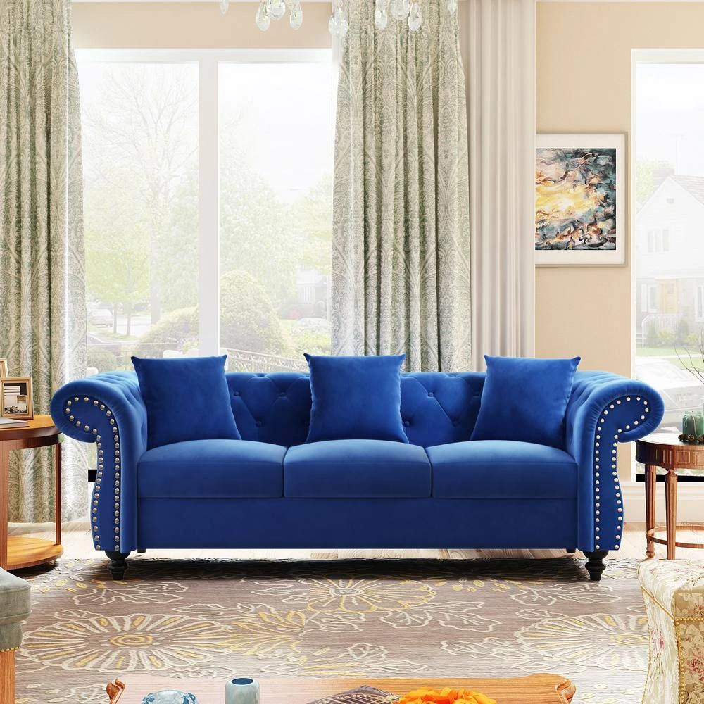 80 in. W Rolled Arms Velvet Straight 3-Seater Sofa with Nailhead Decoration, 3 Pillows included in Blue by GODEER - Image 2