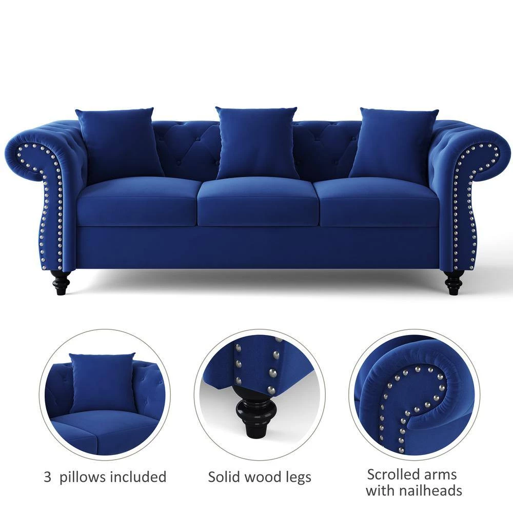 80 in. W Rolled Arms Velvet Straight 3-Seater Sofa with Nailhead Decoration, 3 Pillows included in Blue by GODEER - Image 11