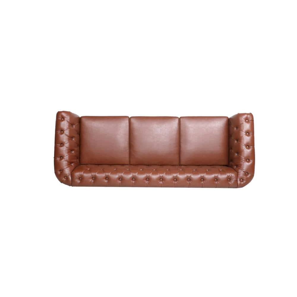 84 in. W Rolled Arm Faux Leather Straight Chesterfield Three Seater Sofa in Brown by GODEER - Image 5