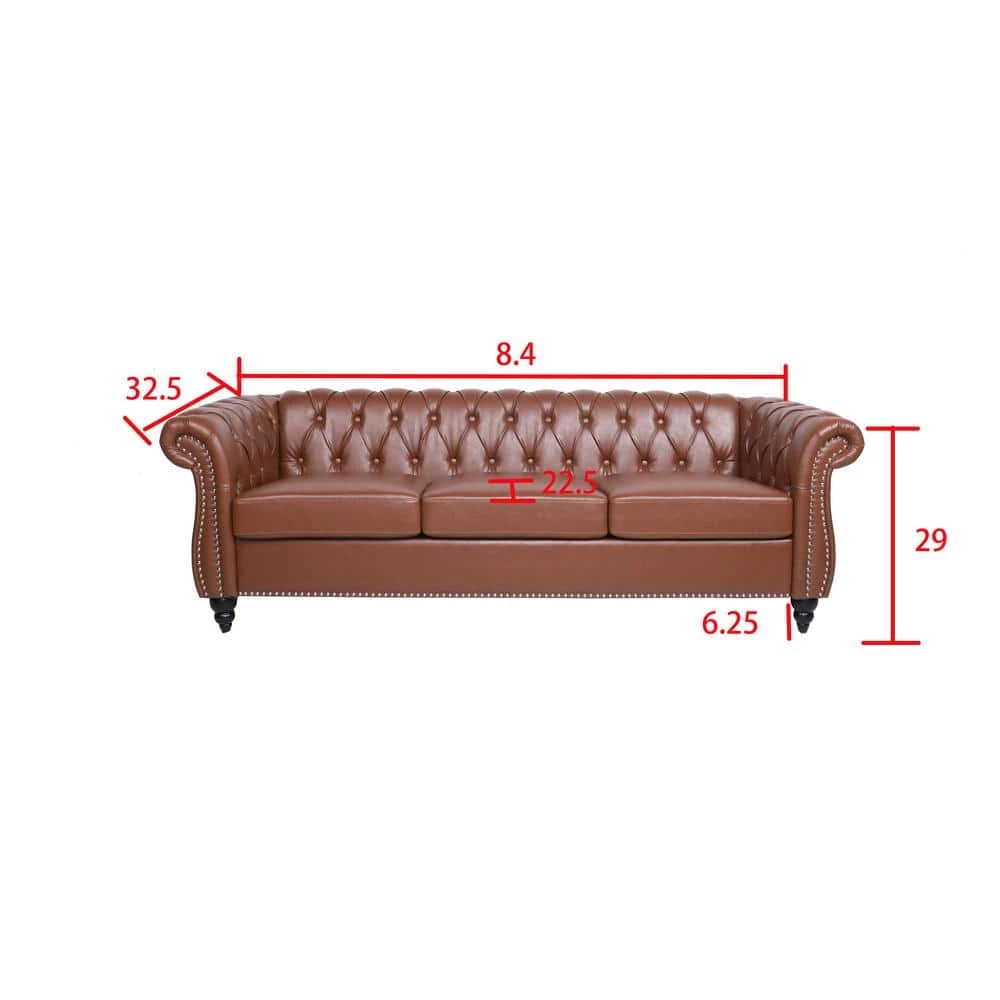 84 in. W Rolled Arm Faux Leather Straight Chesterfield Three Seater Sofa in Brown by GODEER - Image 3