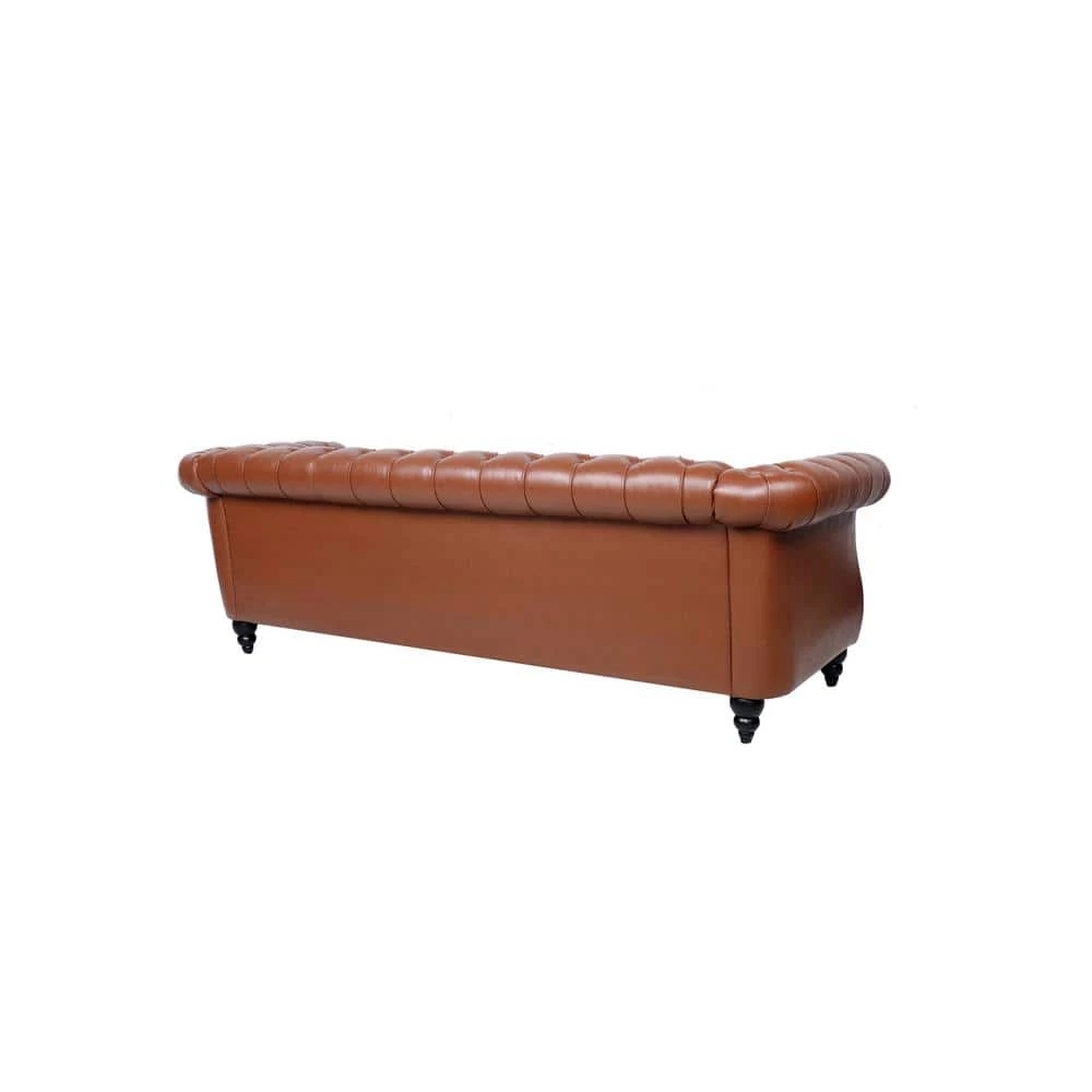 84 in. W Rolled Arm Faux Leather Straight Chesterfield Three Seater Sofa in Brown by GODEER - Image 4