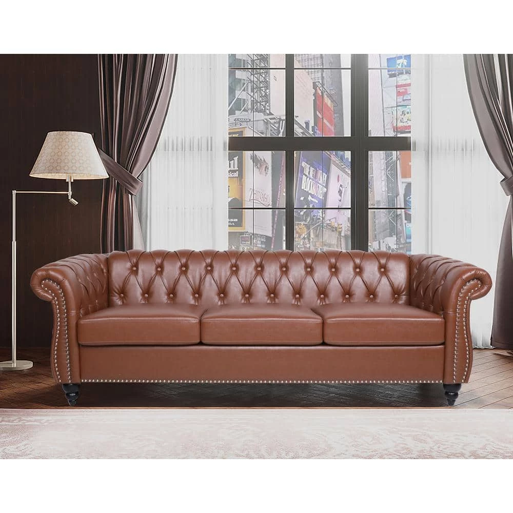 84 in. W Rolled Arm Faux Leather Straight Chesterfield Three Seater Sofa in Brown by GODEER - Image 2