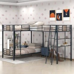 Brown L-Shaped Twin Over Twin Bunk Bed with Twin Size Loft Bed with Desk and Shelf by GODEER