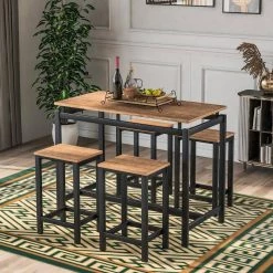5-Piece Wood Top Brown Kitchen Counter Height Table Set, Industrial Dining Table with 4 Chairs by GODEER