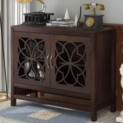 Brown Wood Accent Buffet Sideboard Storage Cabinet with Doors and Adjustable Shelf by GODEER