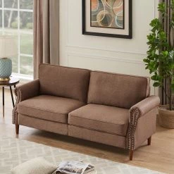 76 in. W Rolled Arm Linen Straight 3-seater Sofa in Brown by GODEER