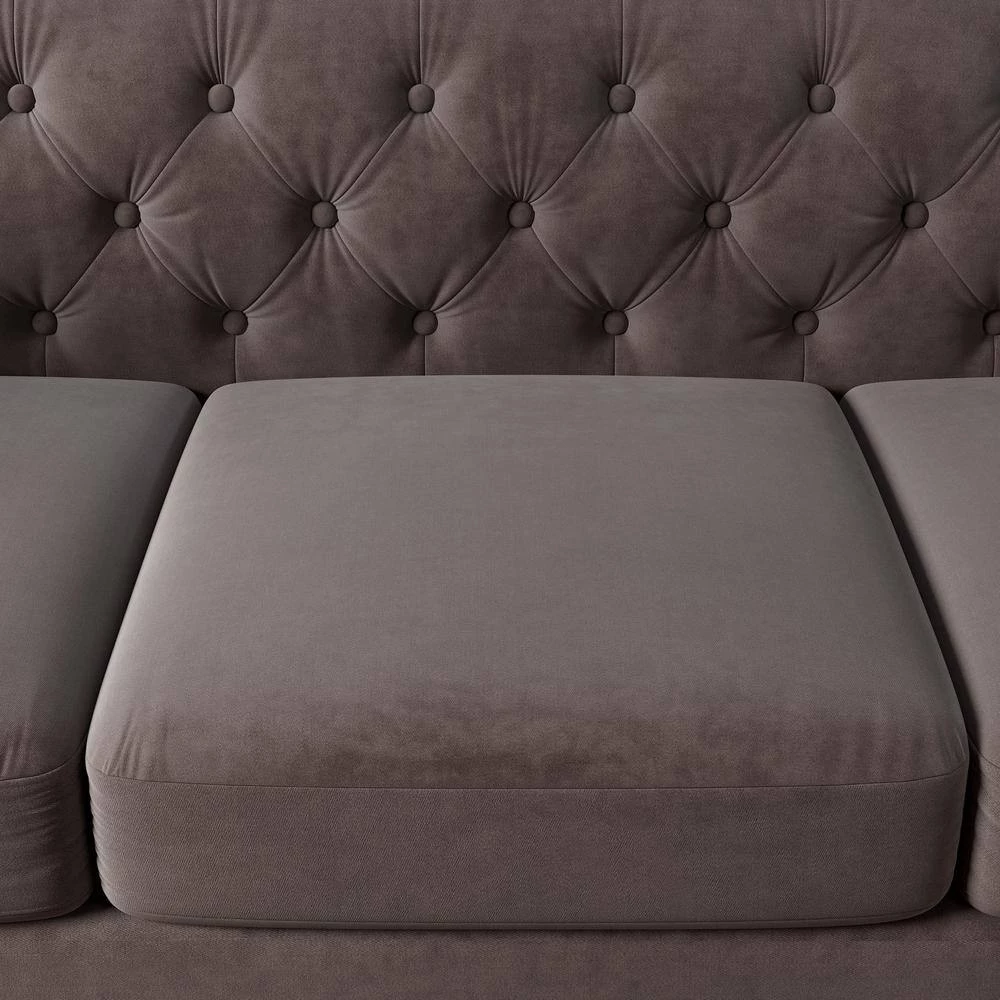 83 in. W Square Arm Velvet Straight Chesterfield 3-Seater Sofa with Nailhead Decoration in Brown by GODEER - Image 8