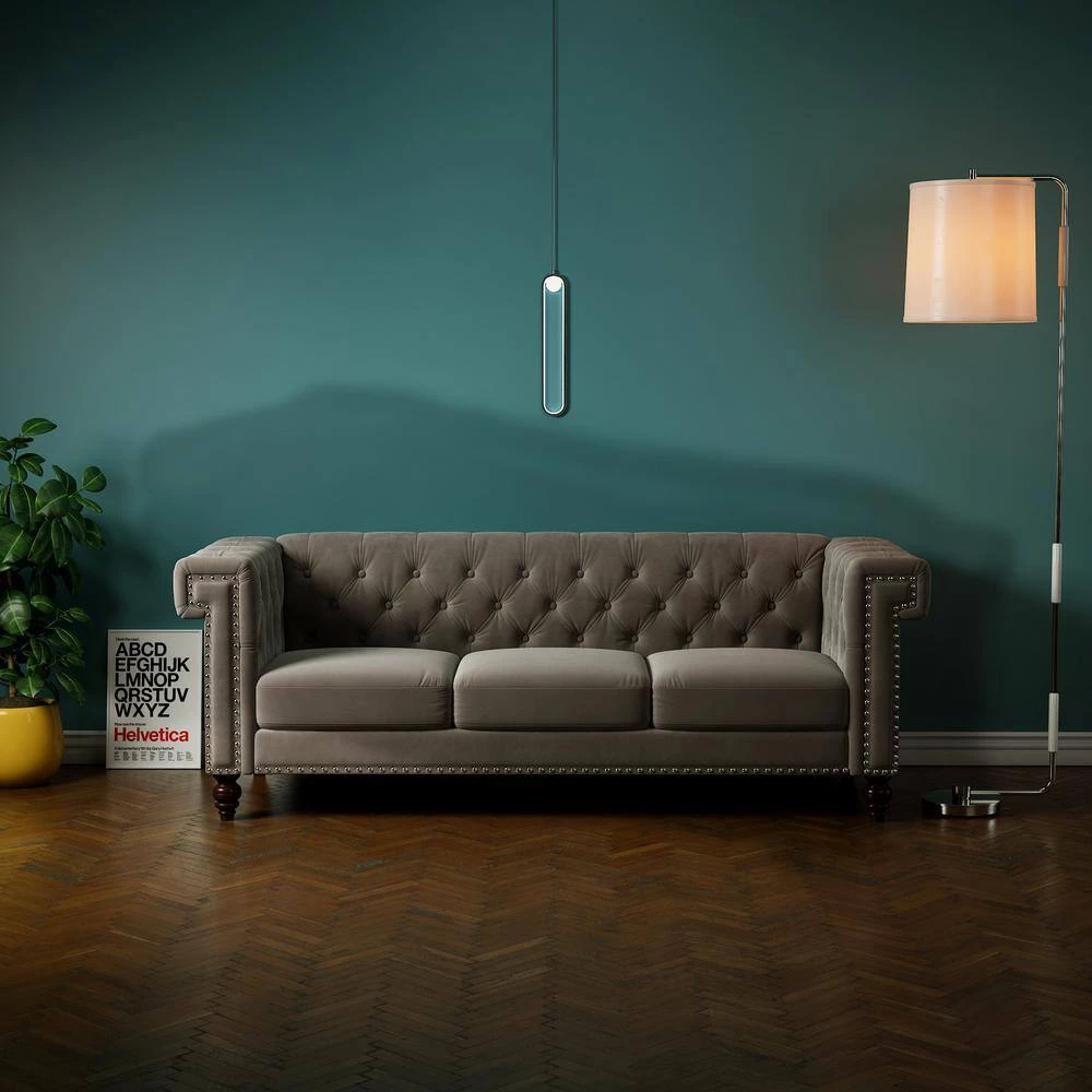 83 in. W Square Arm Velvet Straight Chesterfield 3-Seater Sofa with Nailhead Decoration in Brown by GODEER - Image 11