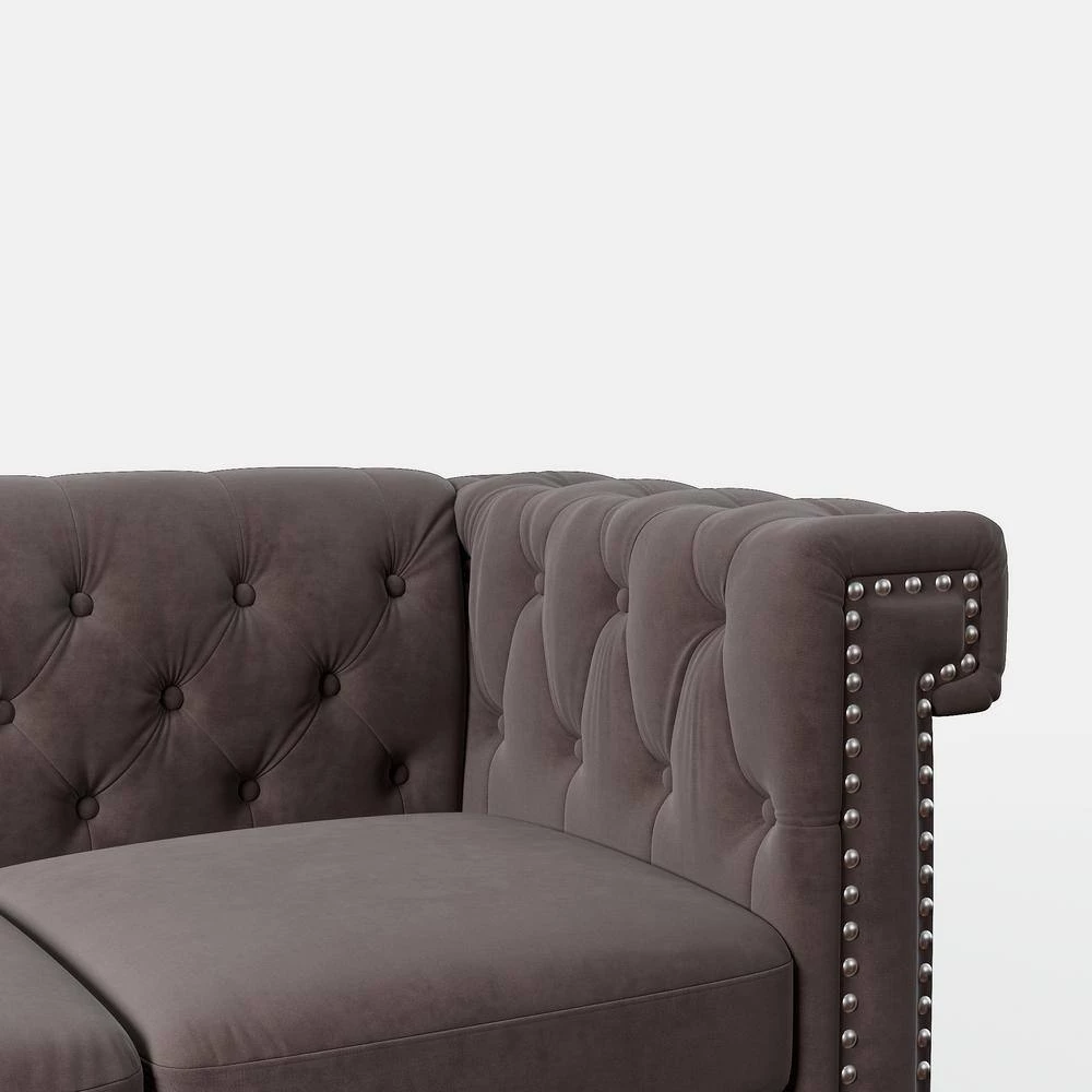 83 in. W Square Arm Velvet Straight Chesterfield 3-Seater Sofa with Nailhead Decoration in Brown by GODEER - Image 9