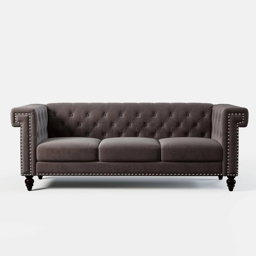 83 in. W Square Arm Velvet Straight Chesterfield 3-Seater Sofa with Nailhead Decoration in Brown by GODEER - Image 5