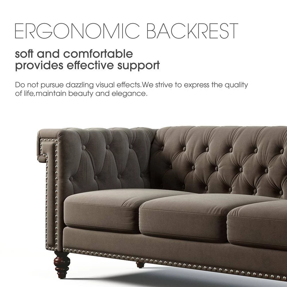 83 in. W Square Arm Velvet Straight Chesterfield 3-Seater Sofa with Nailhead Decoration in Brown by GODEER - Image 6