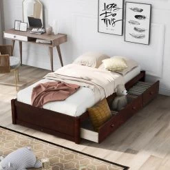 78 in. W Cherry Twin Size Wood Frame Platform Storage Bed with 3-Drawers by GODEER