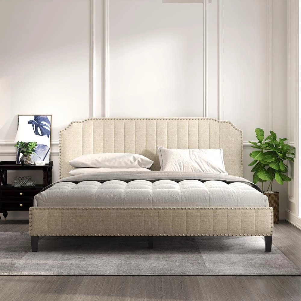 85 in. W Cream King Linen Solid Wood Frame Curved Upholstered Platform Bed, Nailhead Trim by GODEER - Image 8