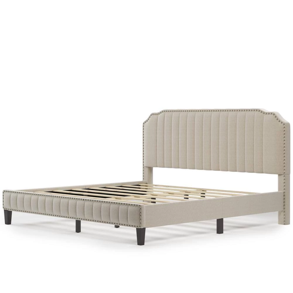 85 in. W Cream King Linen Solid Wood Frame Curved Upholstered Platform Bed, Nailhead Trim by GODEER - Image 3
