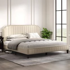 85 in. W Cream King Linen Solid Wood Frame Curved Upholstered Platform Bed, Nailhead Trim by GODEER