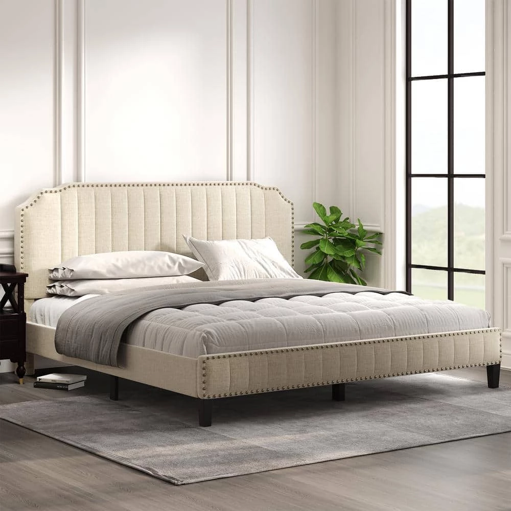 85 in. W Cream King Linen Solid Wood Frame Curved Upholstered Platform Bed, Nailhead Trim by GODEER