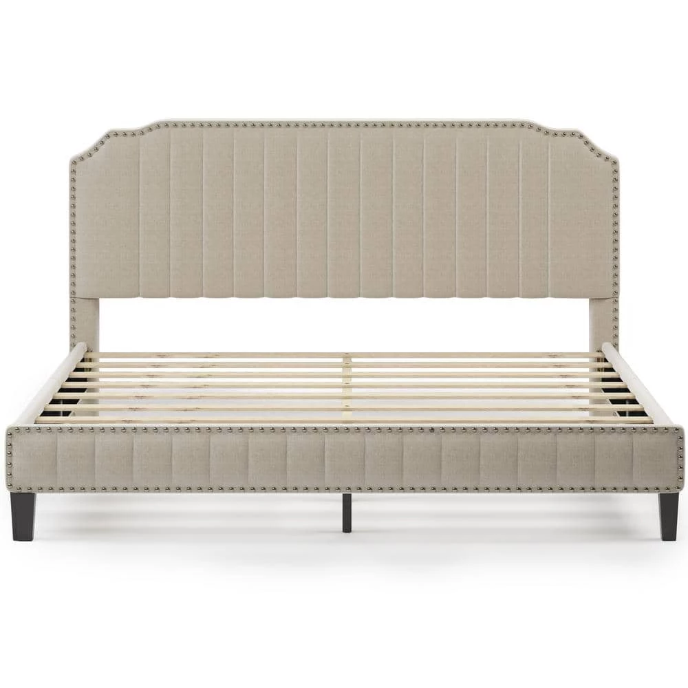 85 in. W Cream King Linen Solid Wood Frame Curved Upholstered Platform Bed, Nailhead Trim by GODEER - Image 5