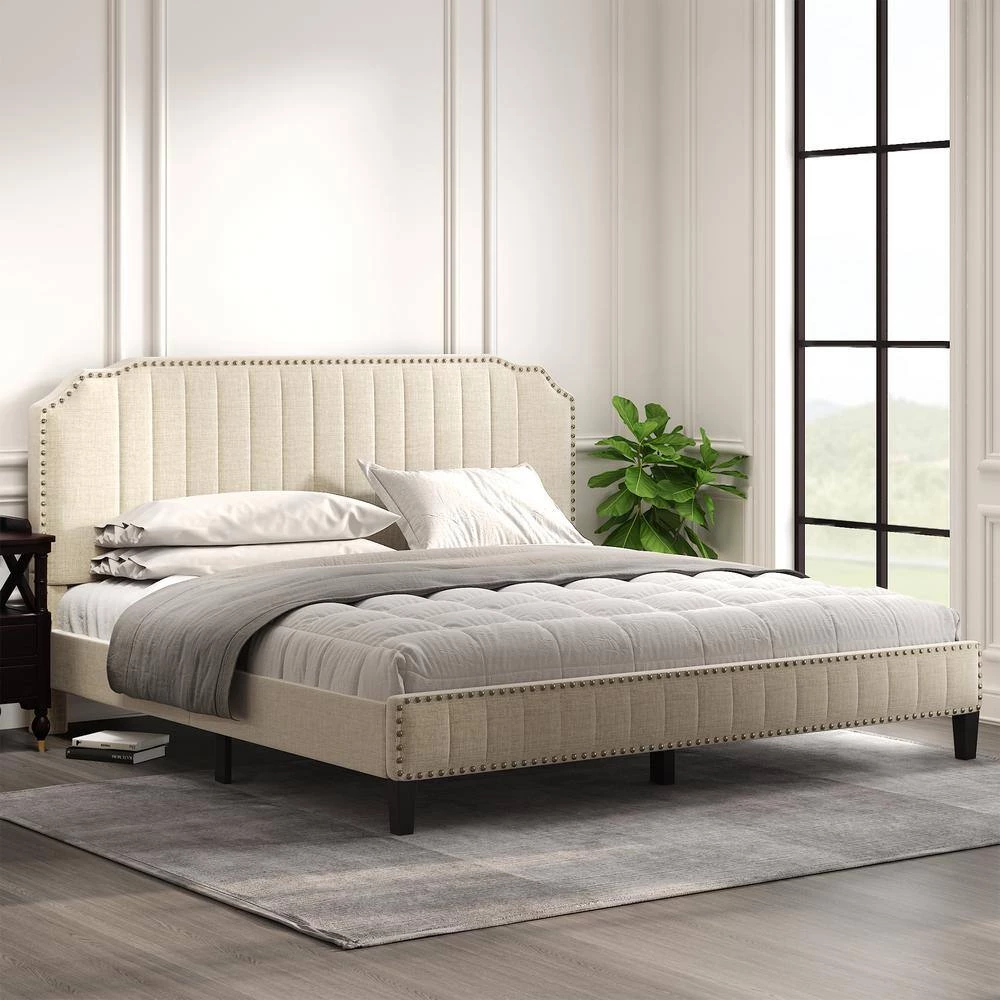 85 in. W Cream King Linen Solid Wood Frame Curved Upholstered Platform Bed, Nailhead Trim by GODEER - Image 2