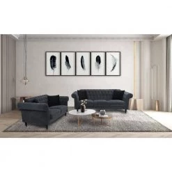 84 in. W Rolled Arm Polyester Straight Sofa in Dark Gray with 2-Piece Living Room Set by GODEER