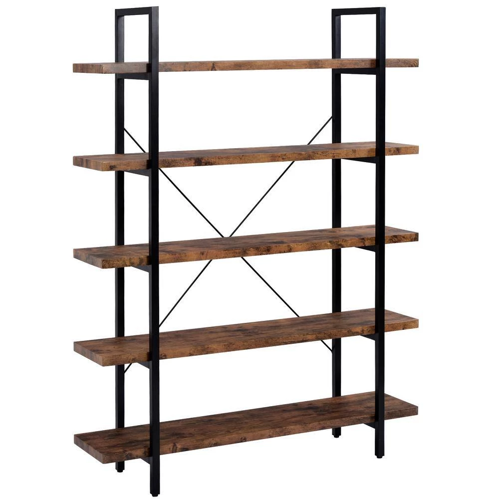 63 in. Distressed Brown 5-Shelf Standard Bookcase with Rustic Wood and Metal Frame, Large Open Bookshelf for Living Room by GODEER - Image 3