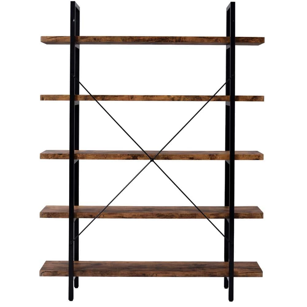 63 in. Distressed Brown 5-Shelf Standard Bookcase with Rustic Wood and Metal Frame, Large Open Bookshelf for Living Room by GODEER