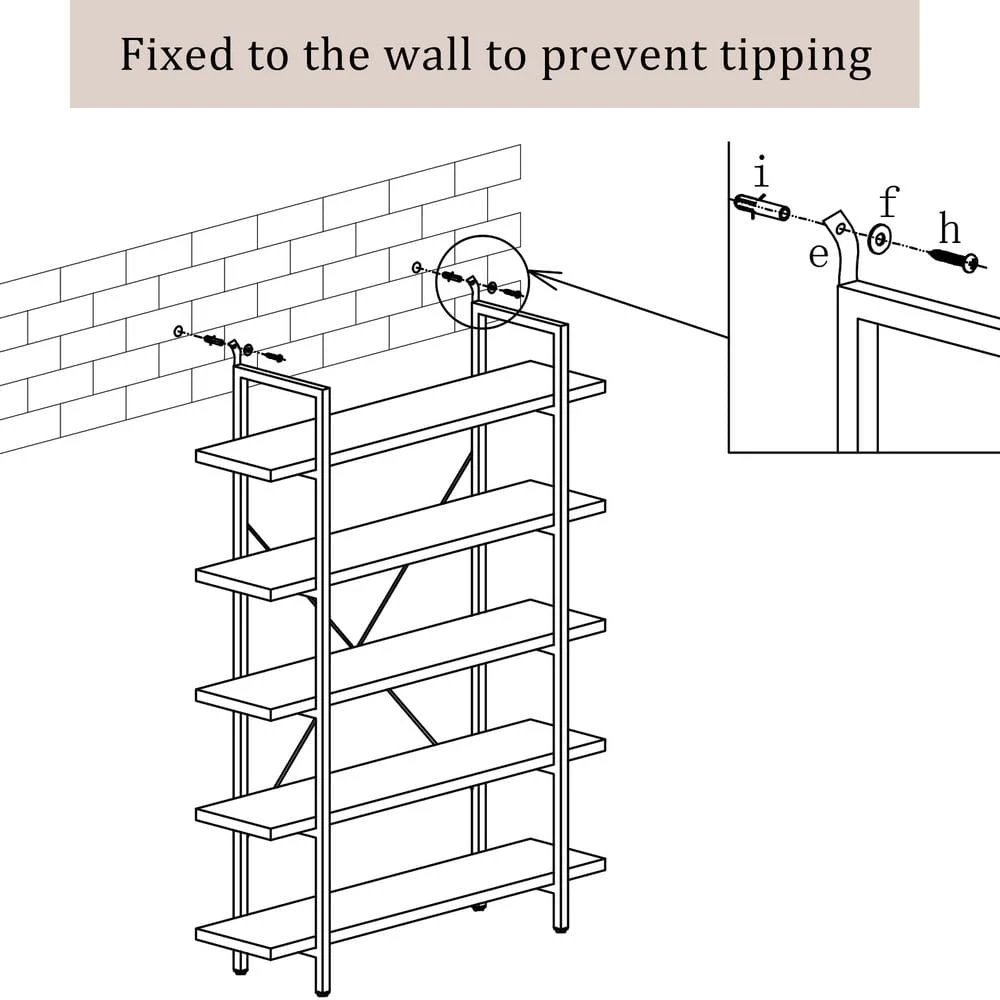 63 in. Distressed Brown 5-Shelf Standard Bookcase with Rustic Wood and Metal Frame, Large Open Bookshelf for Living Room by GODEER - Image 11