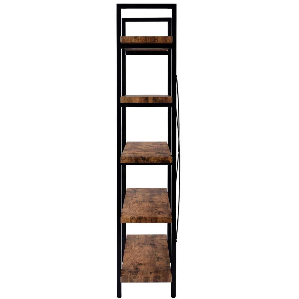 63 in. Distressed Brown 5-Shelf Standard Bookcase with Rustic Wood and Metal Frame, Large Open Bookshelf for Living Room by GODEER - Image 4