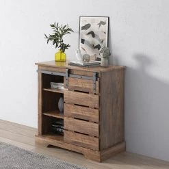 Espresso Side Cabinet Buffet Sideboard with Sliding Barn Door and Interior Shelves by GODEER