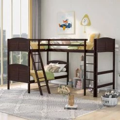 Espresso L-ShapedTwin Bunk Bed and Twin Size Loft Bed with Ladders by GODEER
