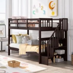 Espresso Stairway Twin Bunk Bed with Storage and Guard Rail for Bedroom, Dorm by GODEER
