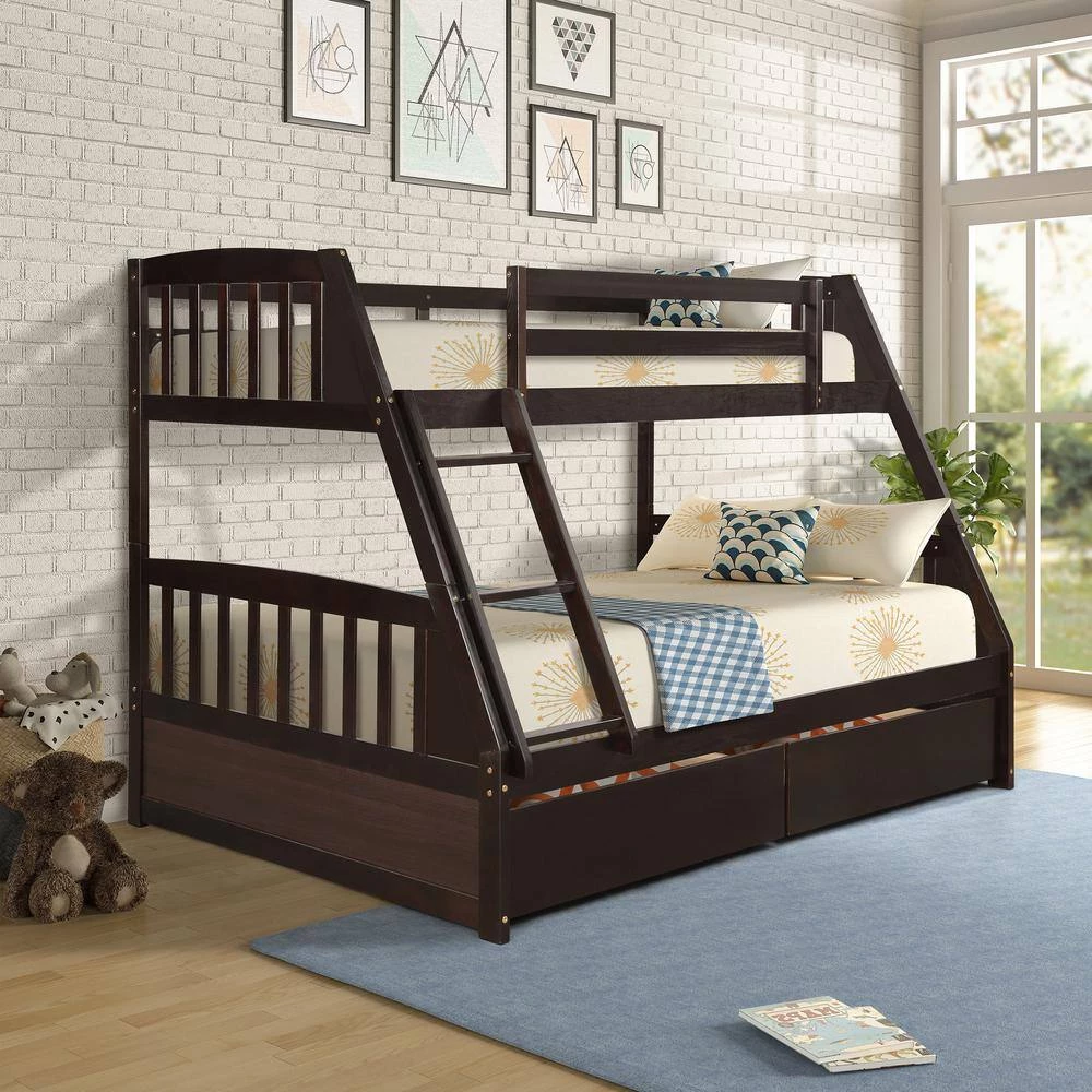 Espresso Solid Wood Twin Over Full Bunk Bed with 2-Storage Drawers by GODEER - Image 11