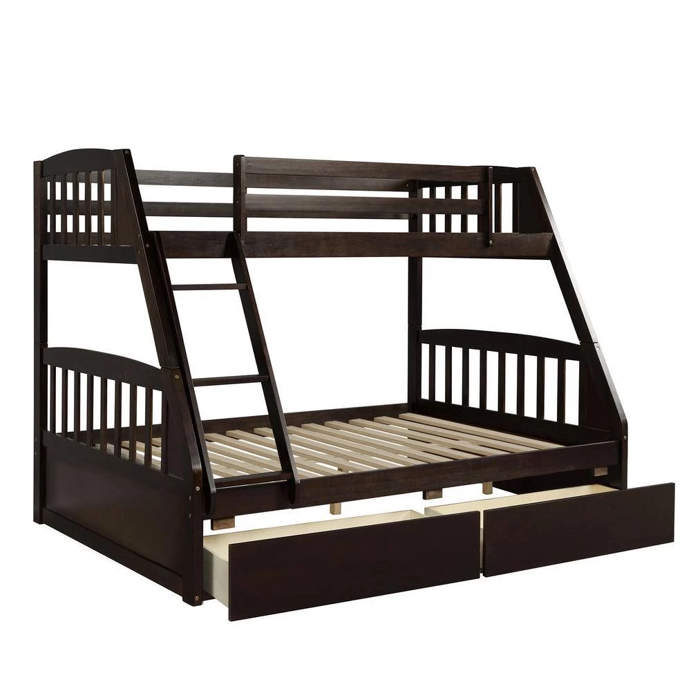 Espresso Solid Wood Twin Over Full Bunk Bed with 2-Storage Drawers by GODEER - Image 2