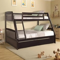 Espresso Solid Wood Twin Over Full Bunk Bed with 2-Storage Drawers by GODEER
