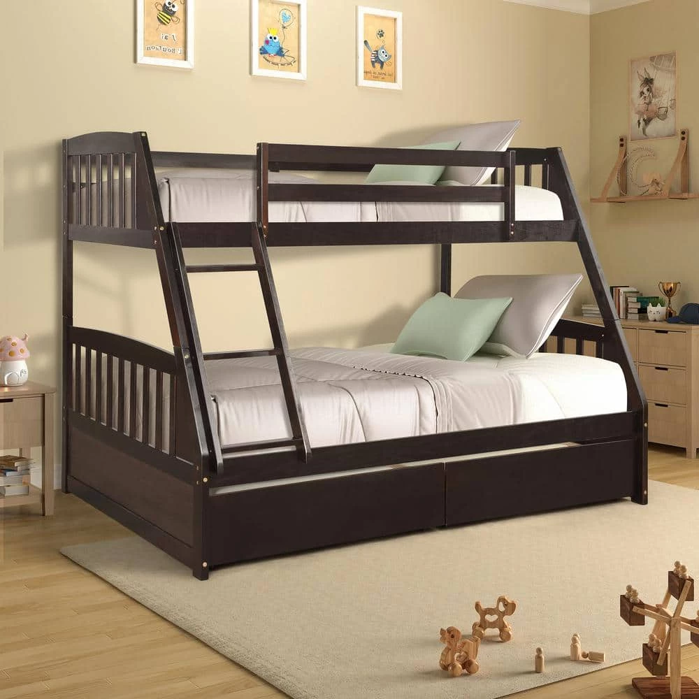 Espresso Solid Wood Twin Over Full Bunk Bed with 2-Storage Drawers by GODEER