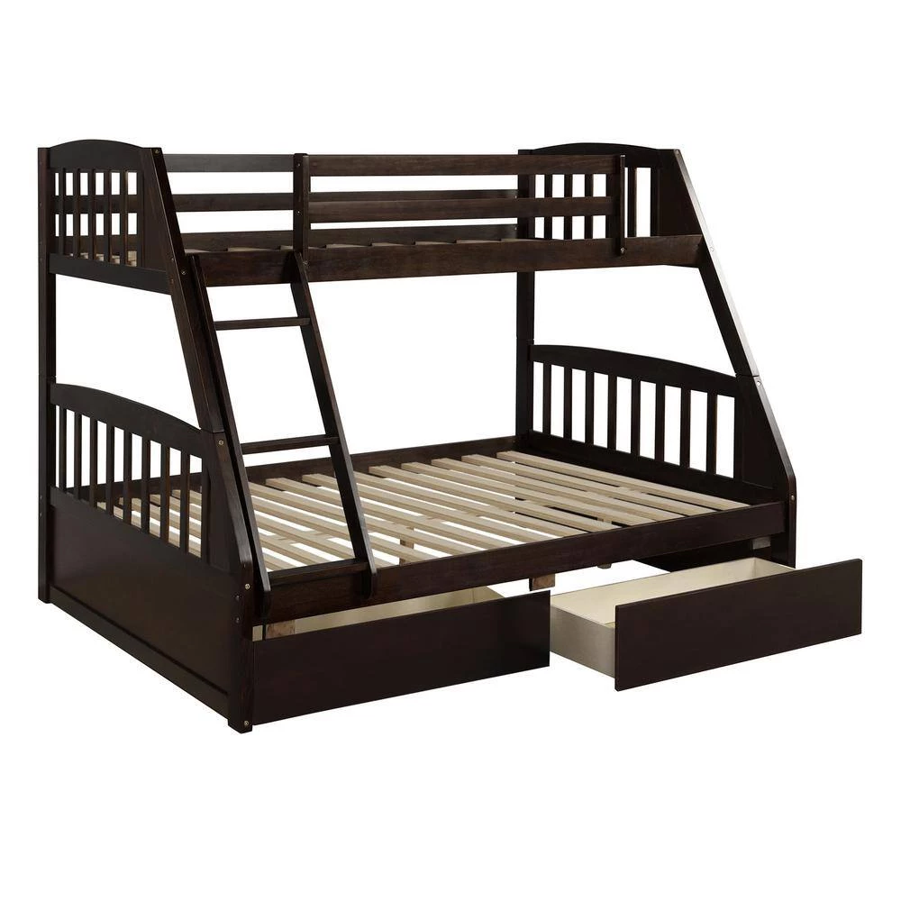 Espresso Solid Wood Twin Over Full Bunk Bed with 2-Storage Drawers by GODEER - Image 3