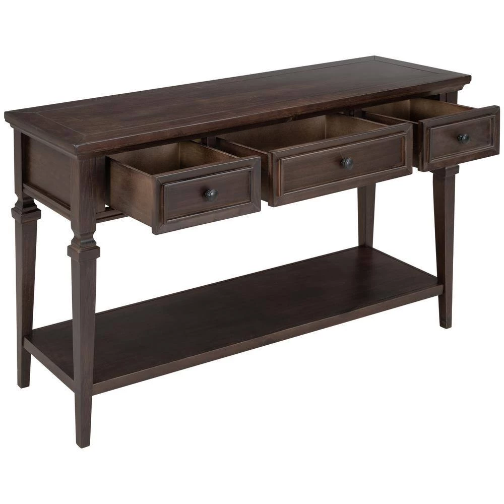 50 in.Espresso Rectangle Wood Console Table with Three Top Drawers and Open Style Bottom Shelf by GODEER - Image 3