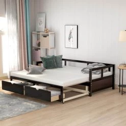 Espresso Twin Size Wooden Daybed with Trundle Bed and 2-Storage Drawers and Extendable Bed Daybed by GODEER