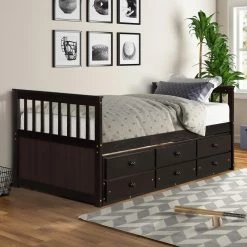 Espresso Captain's Bed Twin Daybed with Trundle Bed and Storage Drawers by GODEER