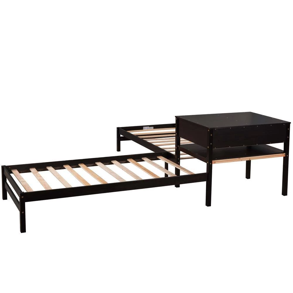 Espresso Twin Size L-Shaped Platform Beds with Drawer Linked with Built in Rectangle Table by GODEER - Image 8