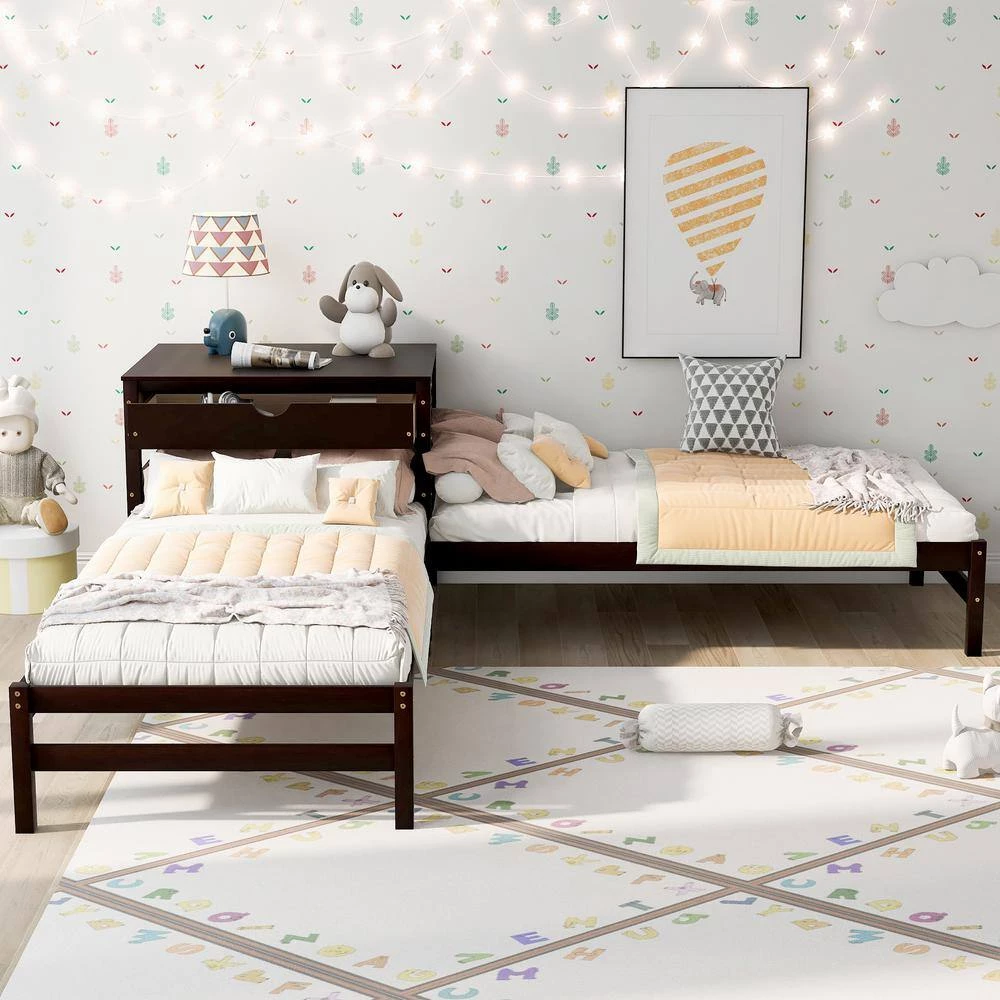 Espresso Twin Size L-Shaped Platform Beds with Drawer Linked with Built in Rectangle Table by GODEER - Image 9