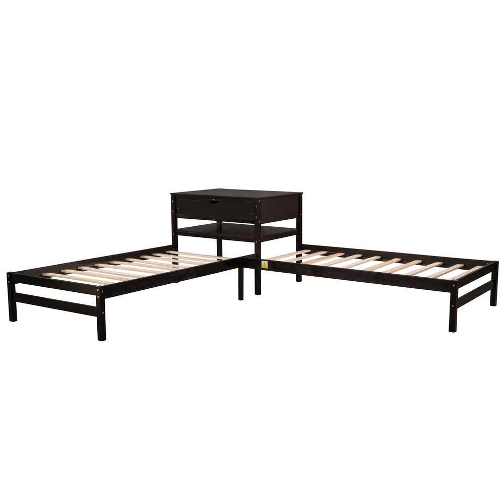 Espresso Twin Size L-Shaped Platform Beds with Drawer Linked with Built in Rectangle Table by GODEER - Image 2