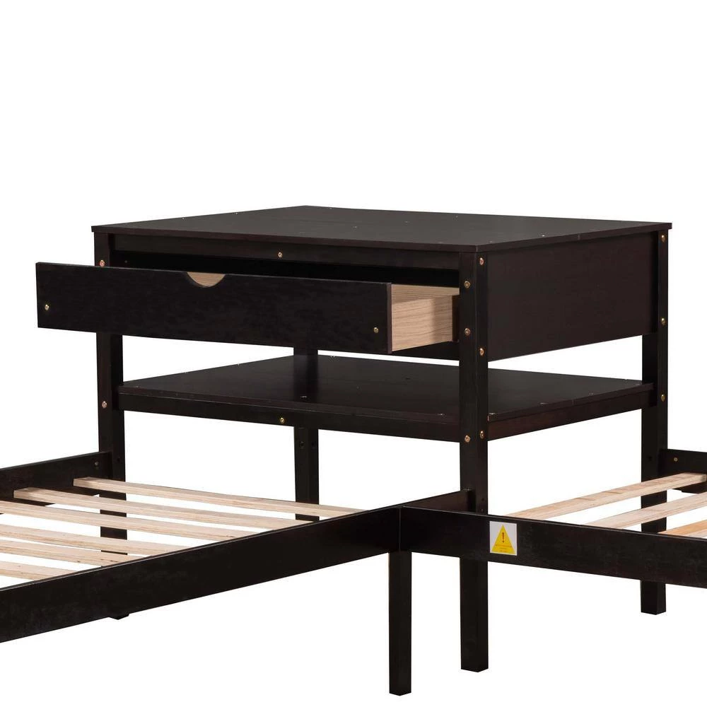 Espresso Twin Size L-Shaped Platform Beds with Drawer Linked with Built in Rectangle Table by GODEER - Image 7