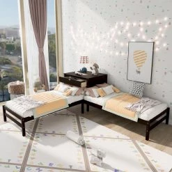 Espresso Twin Size L-Shaped Platform Beds with Drawer Linked with Built in Rectangle Table by GODEER